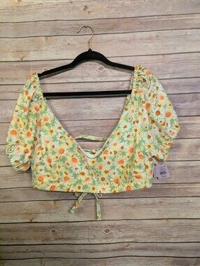 Wild Fable Floral Puff Sleeve Bikini Top Womens 2X 20/22 Daisy Swim Crop NWT